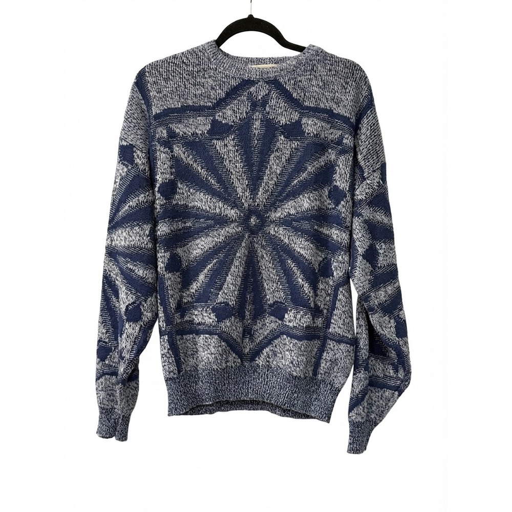 Vintage London Fog Blue White Sunburst Geometric‎ Knit Sweater Mens XL Acrylic